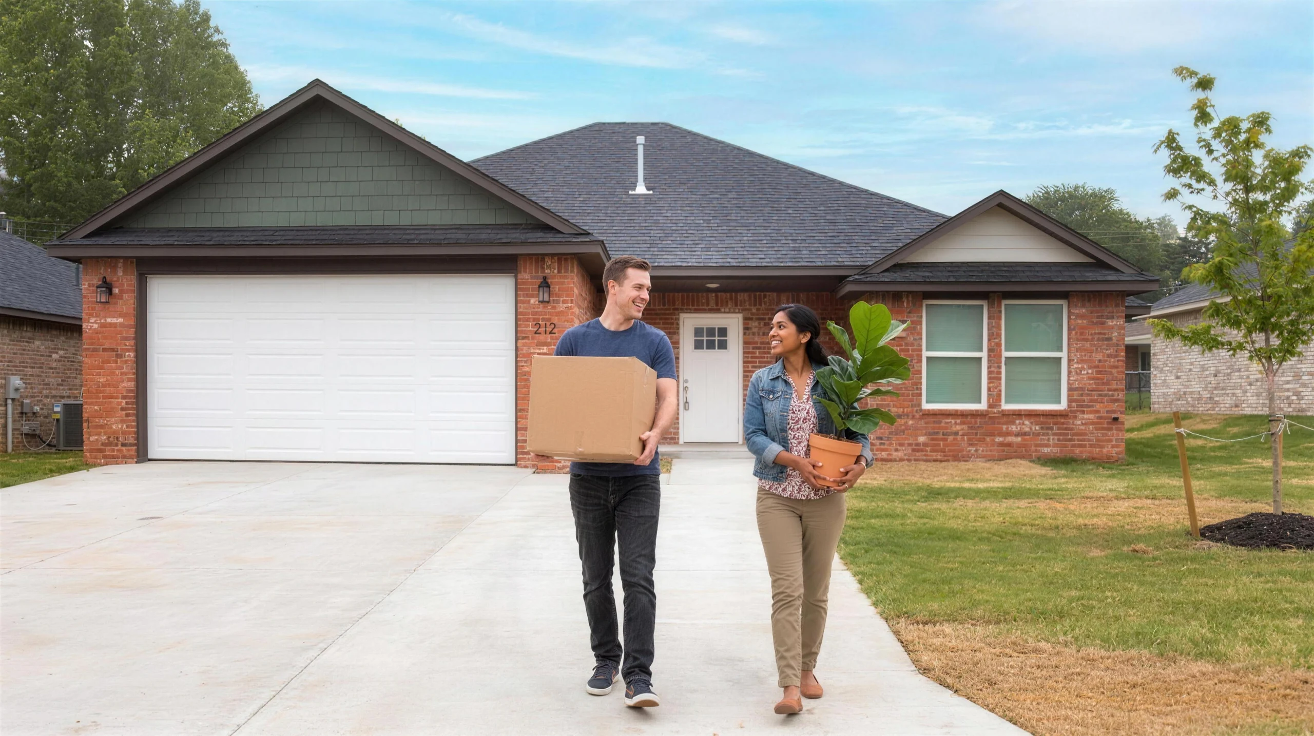 A couple carrying boxes into a new Meadow Hills home